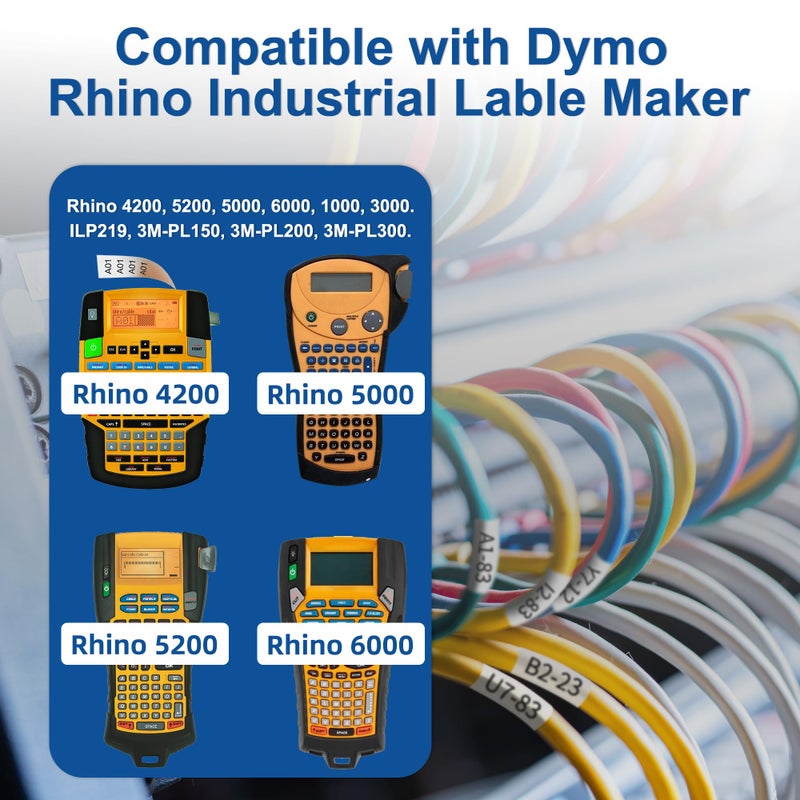 Wonfoucs Compatible with Dymo Rhino Heat Shrink Tube Labels 18055 A18055 | 1/2" 12mm x 5.5m | Black on White | Compatible with DYMO Rhino 4200 5200 6000 Industrial Label Makers | 5-Pack - Image 5
